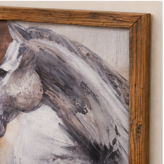 Close-up of the Peering Horse canvas print and rustic frame’s wood grain and mitered corner