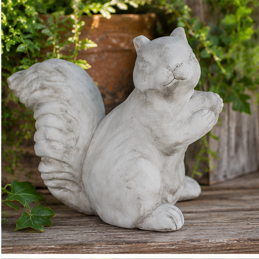 Gray cement standing squirrel statue on weathered wood surrounded by garden greenery