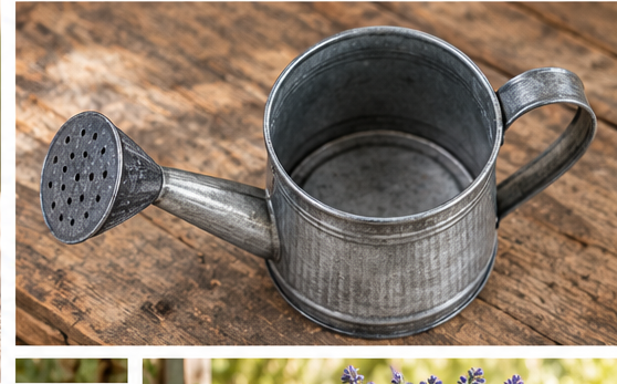 Top view of the empty mini metal watering can with open interior, curved handle, and sprinkler spout