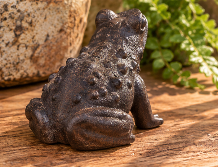 Rear view of brown cast iron frog figurine with a textured back and folded hind legs