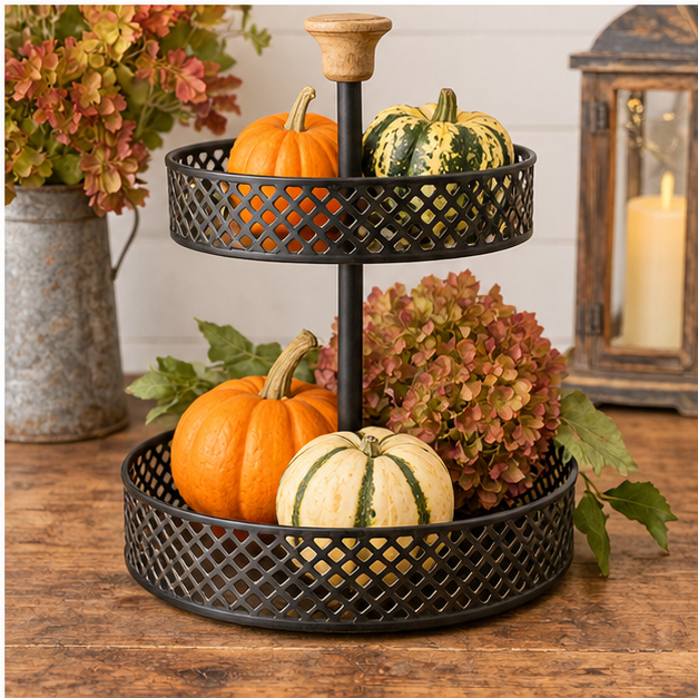 Black two-tier decorative stand styled with pumpkins, gourds, and autumn flowers