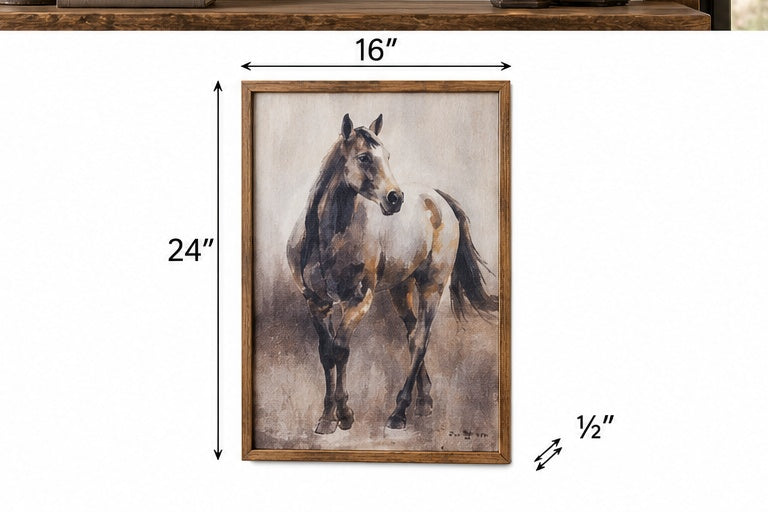 Framed standing horse canvas wall art measuring 16 inches wide, 24 inches high, and ½ inch deep