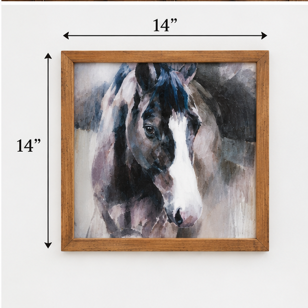 Framed Farm Horse wall art measuring 14 inches wide and 14 inches high