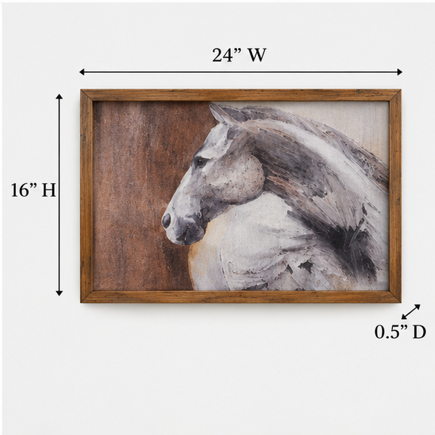 Peering Horse framed canvas wall art measuring 24 inches wide, 16 inches high, and ½ inch deep