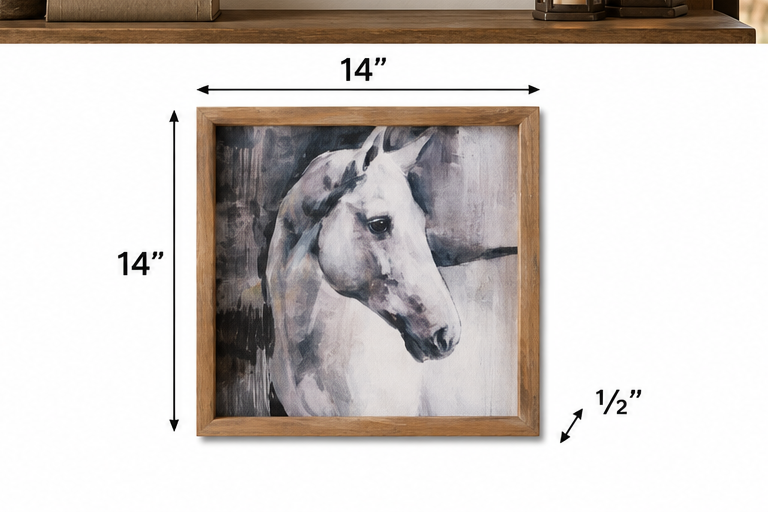 White Stallion framed wall art measuring 14 inches wide, 14 inches high, and ½ inch deep
