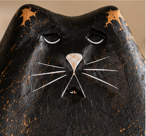 Close-up of a black wooden cat figurine’s painted white whiskers, closed eyes, and distressed ears