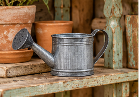 Mini gray metal watering can with curved handle and sprinkler spout on a rustic garden shelf