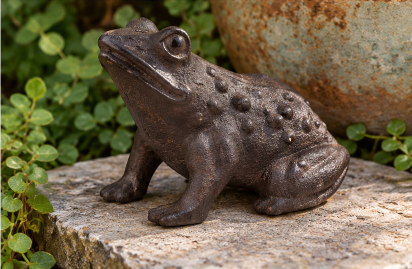 Cast iron garden frog statue resting on a stone slab beside trailing greenery