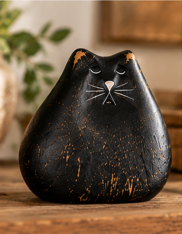 Black wooden cat figurine with painted white facial details on a wooden tabletop