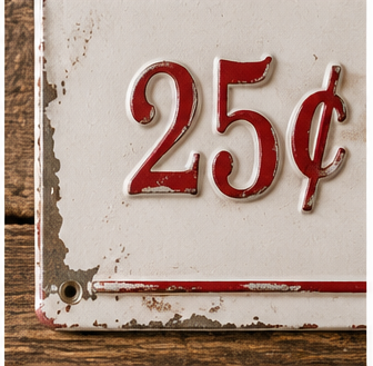 Raised red 25-cent design on the Lemonade metal sign with distressed cream finish