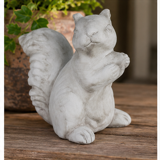 Gray cement squirrel statue with raised paws and a curled tail on a rustic wooden tabletop