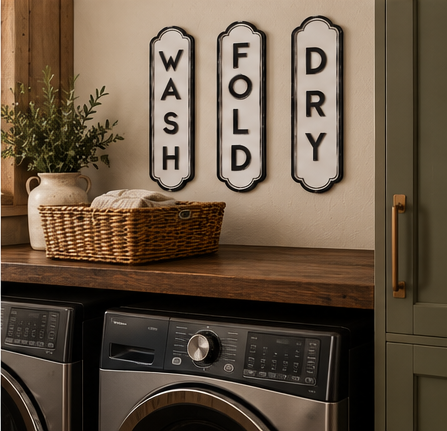 Wash, Fold, and Dry wall signs displayed above a washer and dryer in a warm rustic laundry room