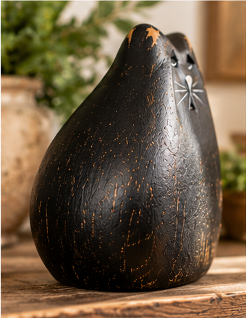 Side view of a black wooden cat figurine showing its rounded shape and distressed painted finish