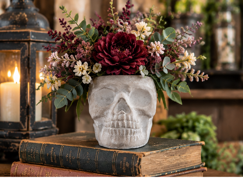 Gray cement sugar skull planter styled with burgundy and cream flowers on stacked vintage books beside a candle lantern