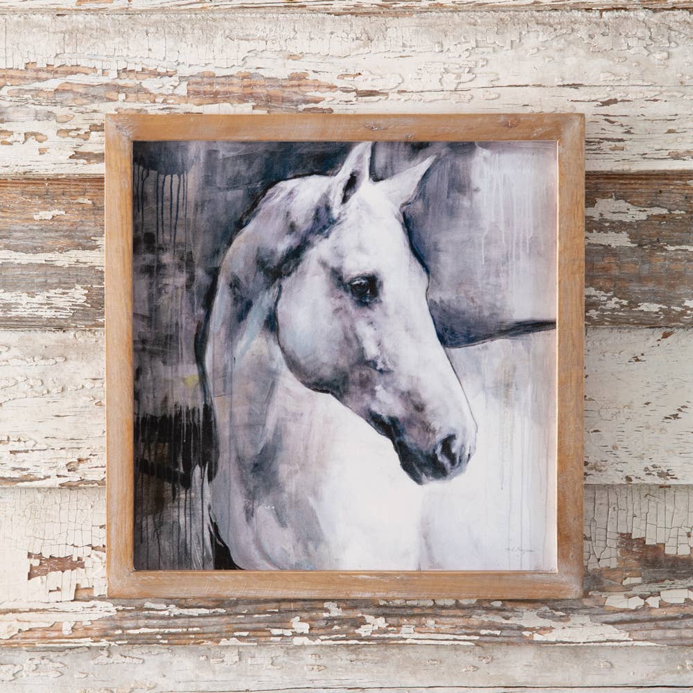 Wood-framed White Stallion horse portrait displayed against a distressed white wood wall