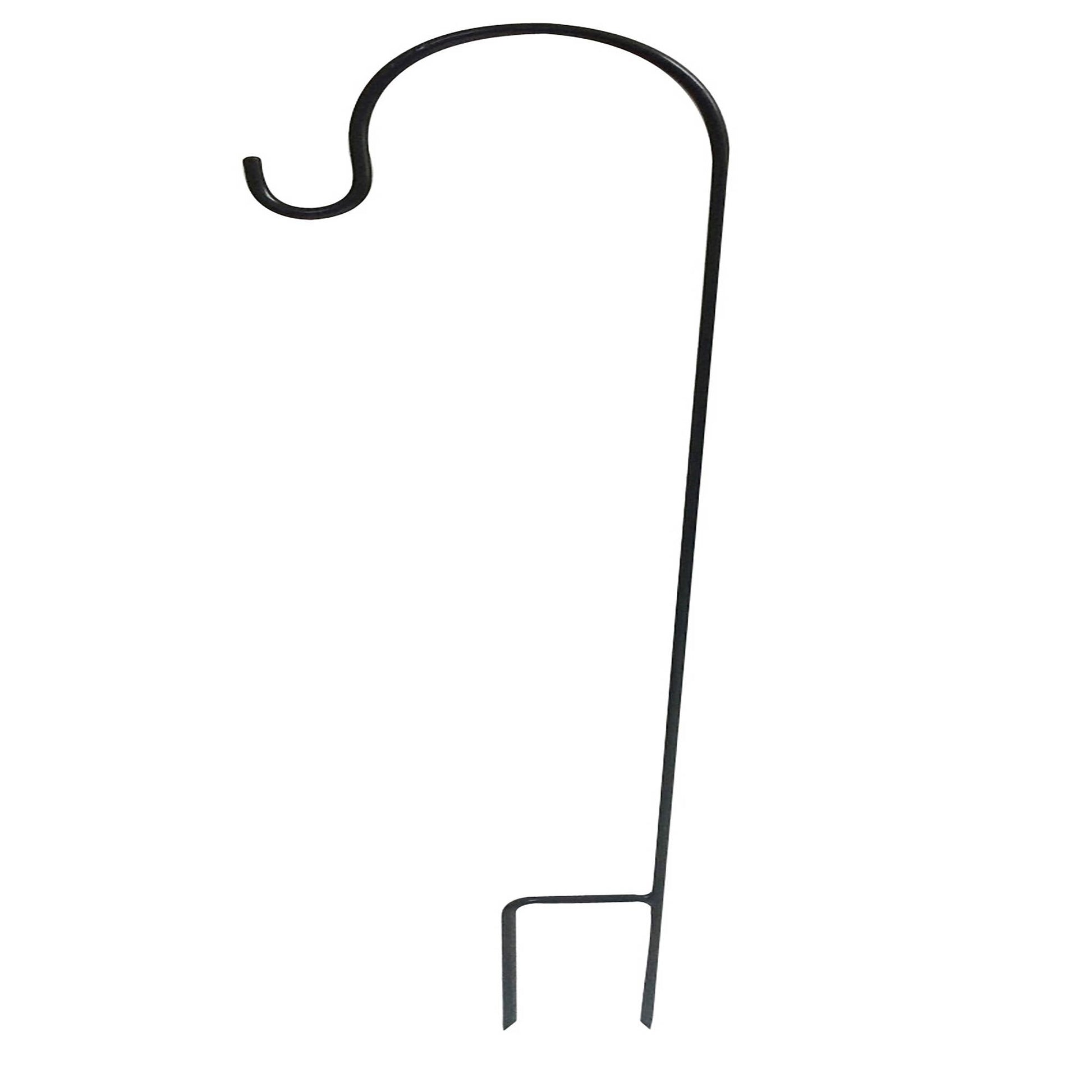 Black metal shepherd's hook garden stake with rustic wooden bird feeder hanging in natural garden setting