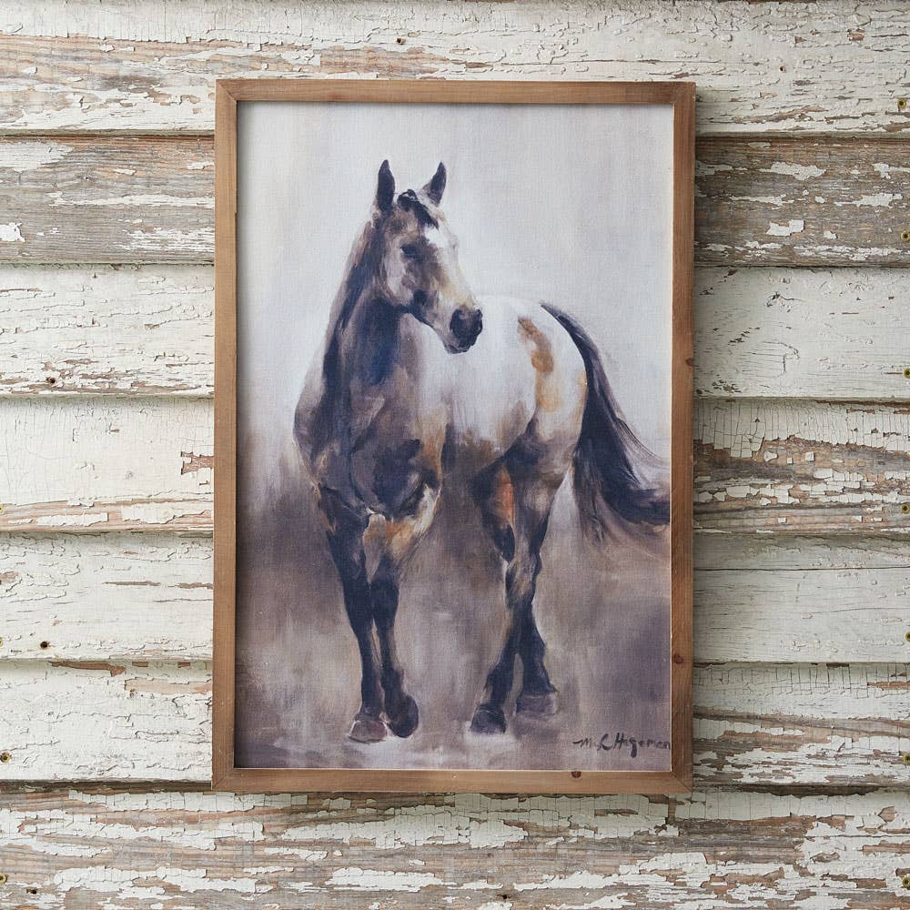 Full-length horse canvas portrait in a rustic frame against a distressed white wood wall