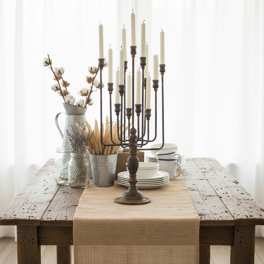 13-Candle Iron Candelabra - Farmhouse with Burlap Runner
