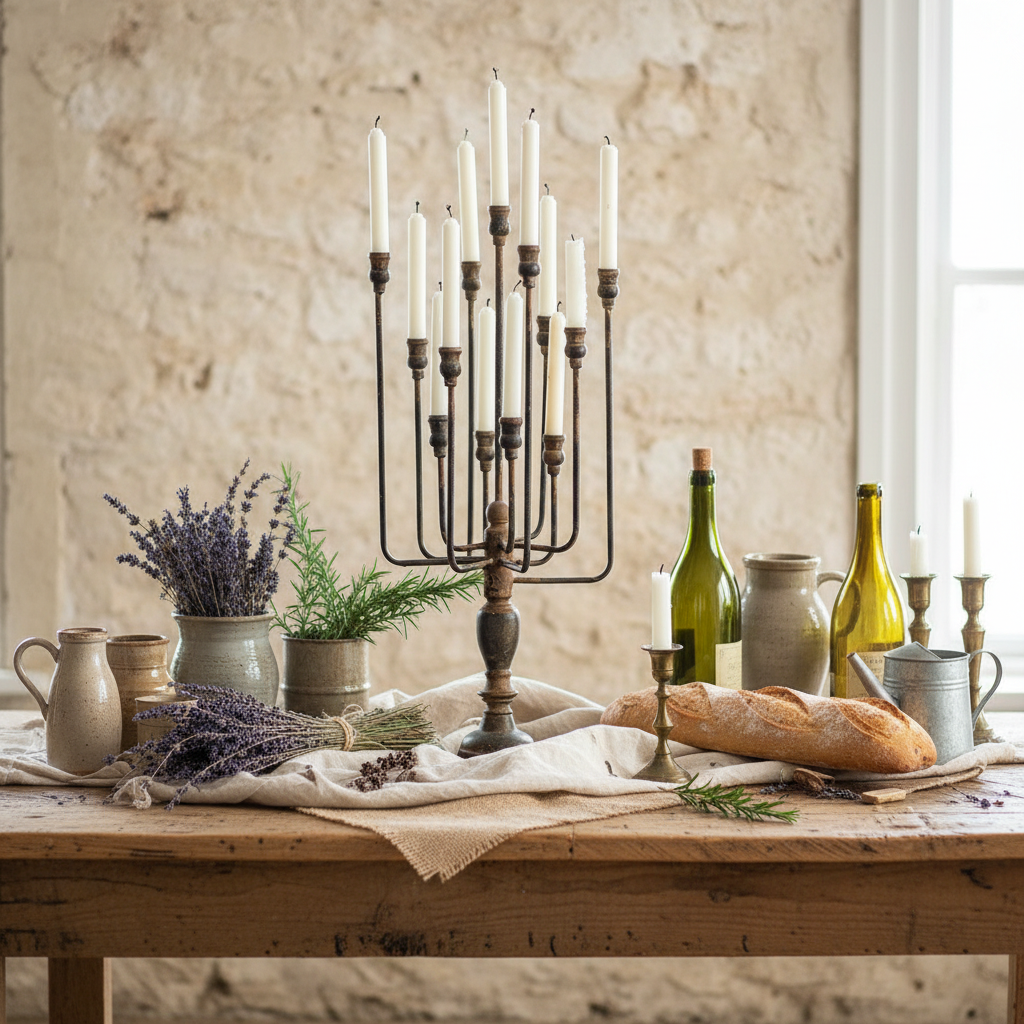 13-Candle Iron Candelabra - Rustic French Country with Accents