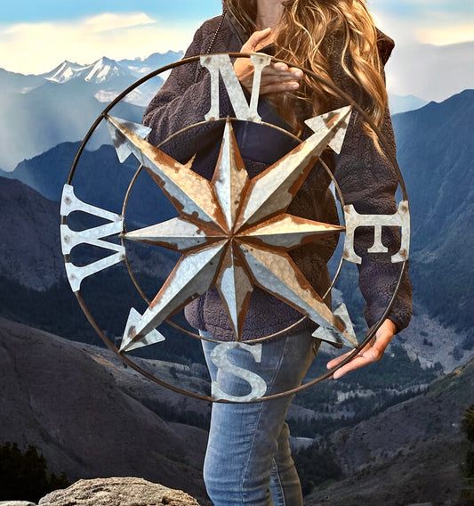 Distressed Galvanized Compass Wall Sculpture