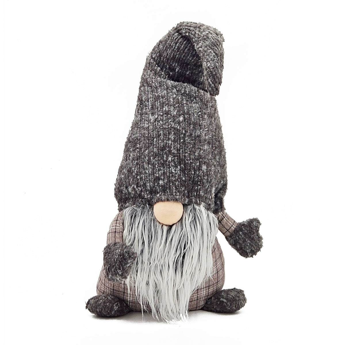 Front view of the gray gnome plush with a tall floppy knit hat, taupe plaid body, and long beard.