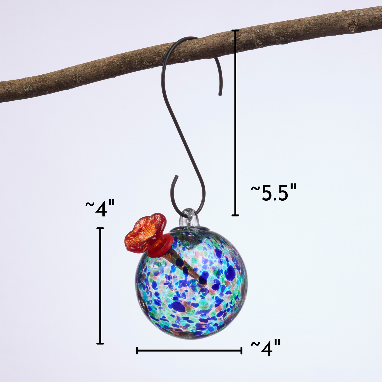 Round turquoise art glass hummingbird feeder with S-hook showing dimensions — approximately 4 inches wide and 5.5 inches tall with hook