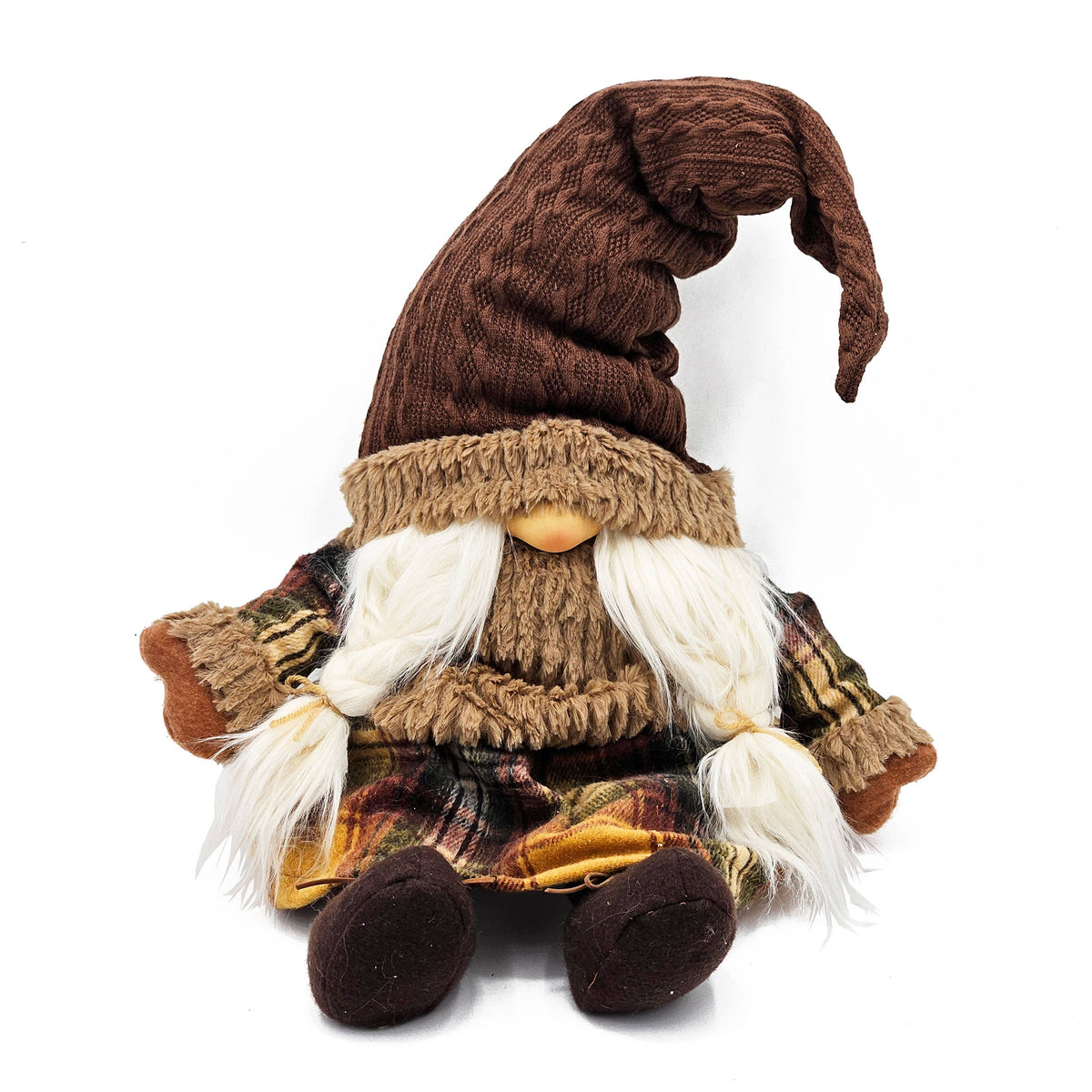 Rustic Harvest Gnome Plush with a floppy brown knit hat, braided white beard, plaid outfit, and brown boots against a white background