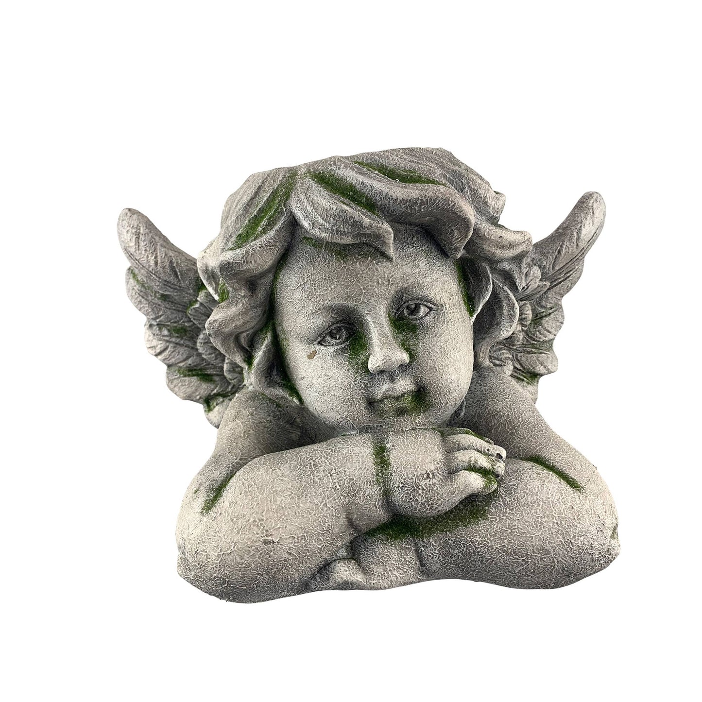 Winged cherub garden planter in distressed stone finish on white background