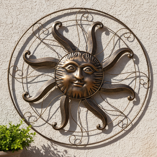 36" Sun Wall Decor on Stucco with Greenery