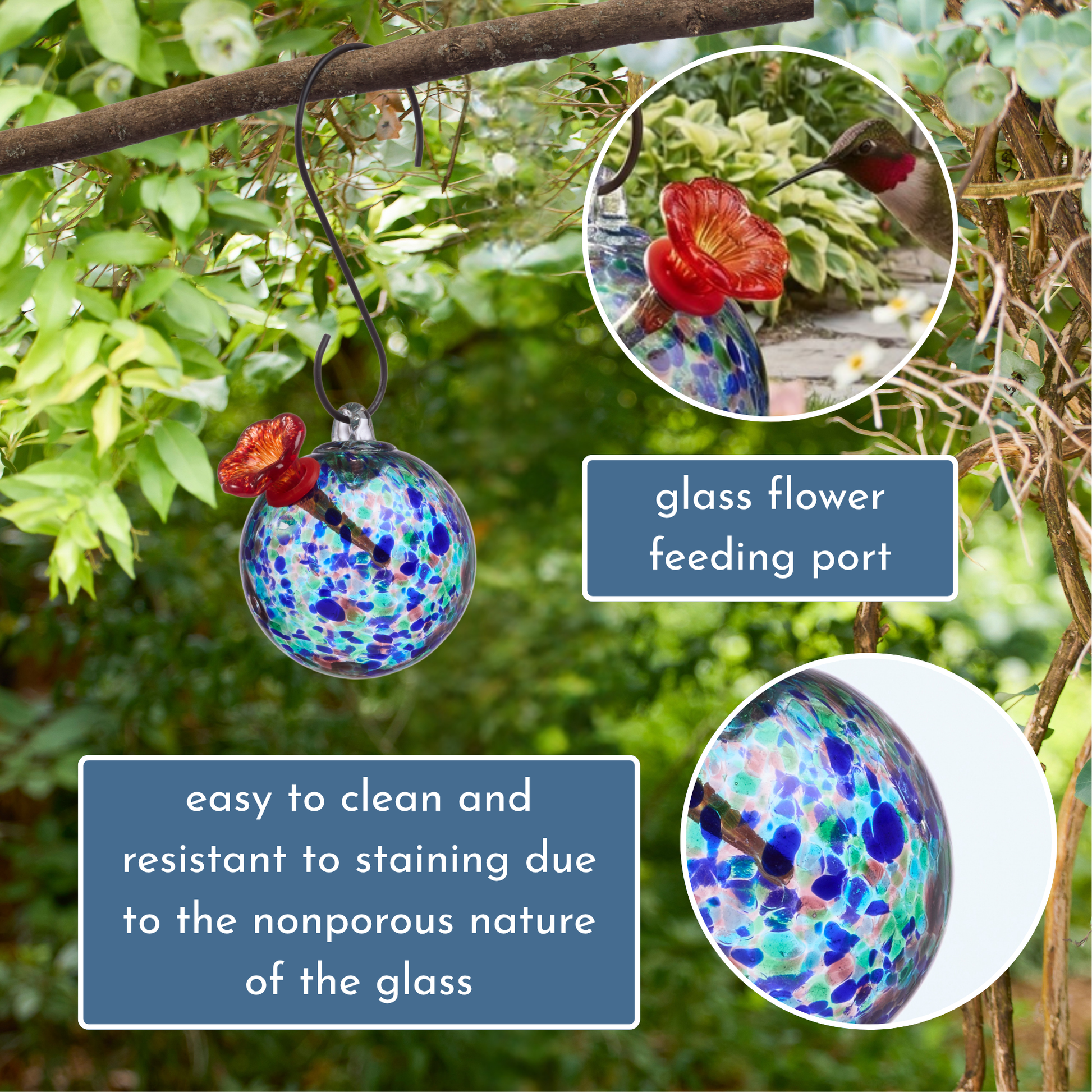 Close-up of red glass flower feeding port on round turquoise art glass hummingbird feeder hanging from branch