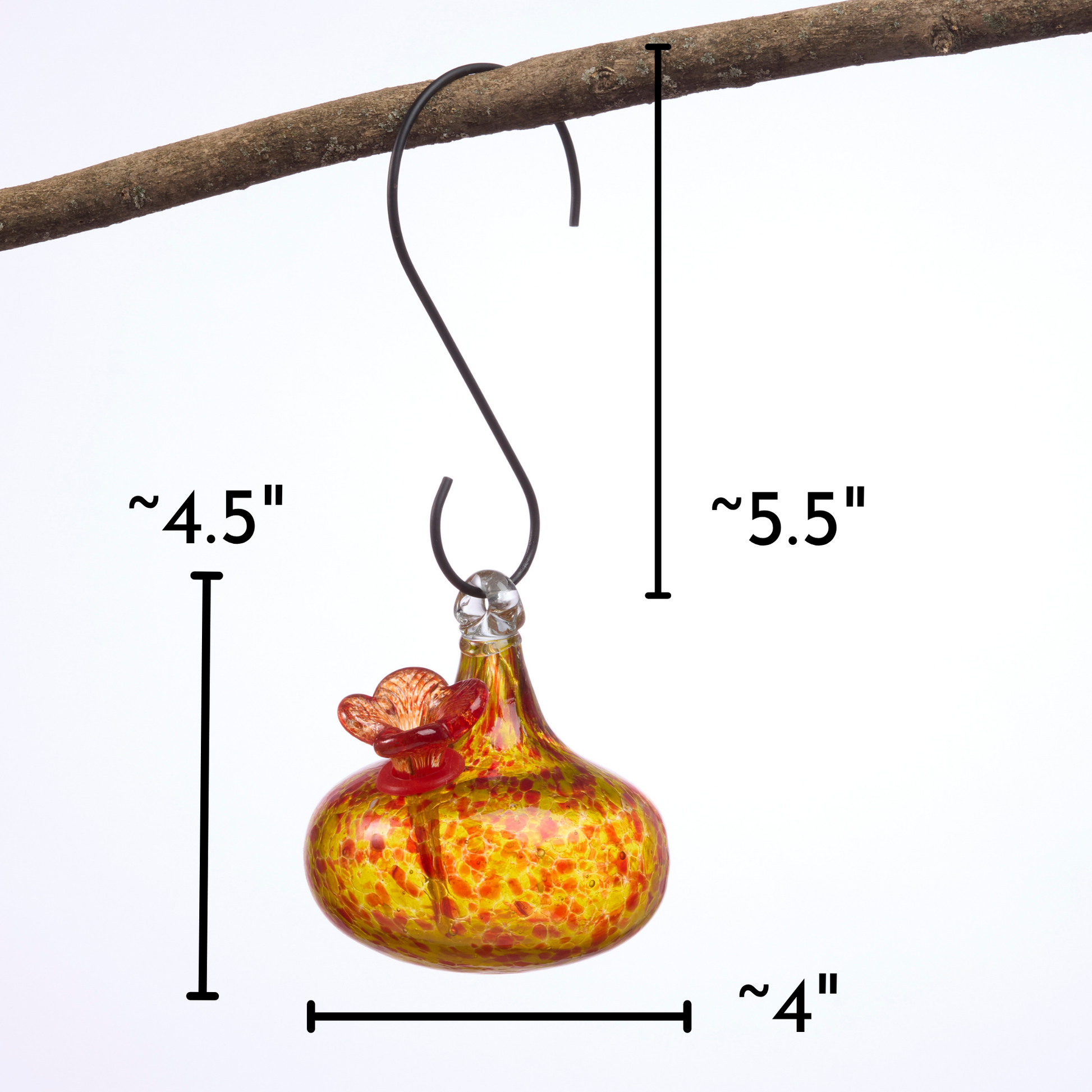 Yellow art glass hummingbird feeder dimensions — 4.5" tall, 4" wide, 5.5" hook background