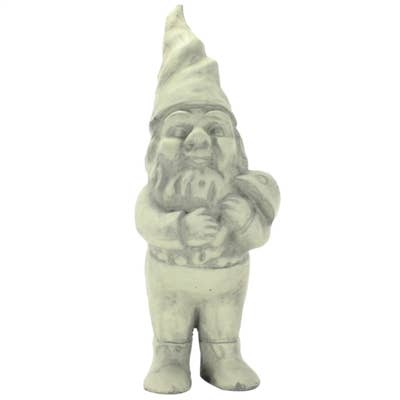 Gray cement Clifford garden gnome with a pointed hat, beard, boots, and mushroom on a white background