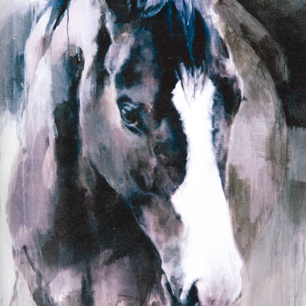 Close-up of the dark horse’s face and white blaze in the Farm Horse wall art