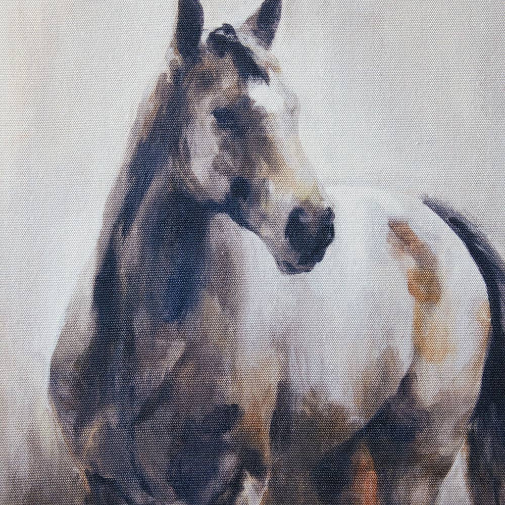 Close-up of the horse’s face, dark mane, and neutral-toned canvas print