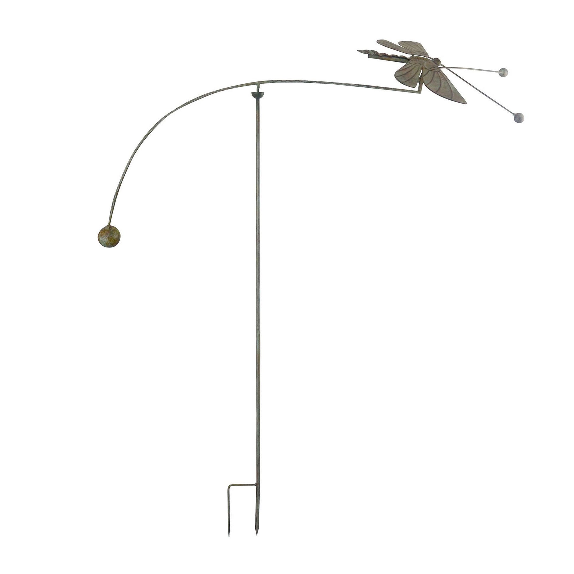 Full-length view of dragonfly kinetic balancer garden stake on white background showing H-bottom stake and glass accent beads