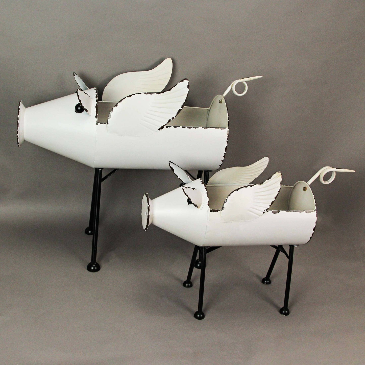 White Galvanized Metal Flying Pig Standing Planters Set of 2