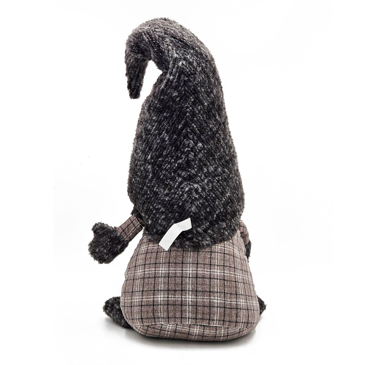 Back view of the gnome’s taupe plaid body and charcoal-gray knit hat with a drooping tip.