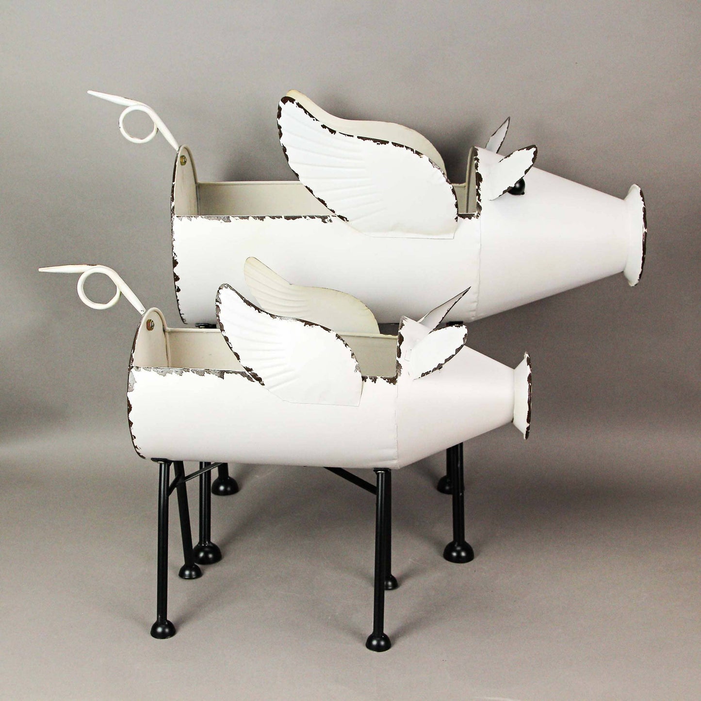 White Galvanized Metal Flying Pig Standing Planters Set of 2