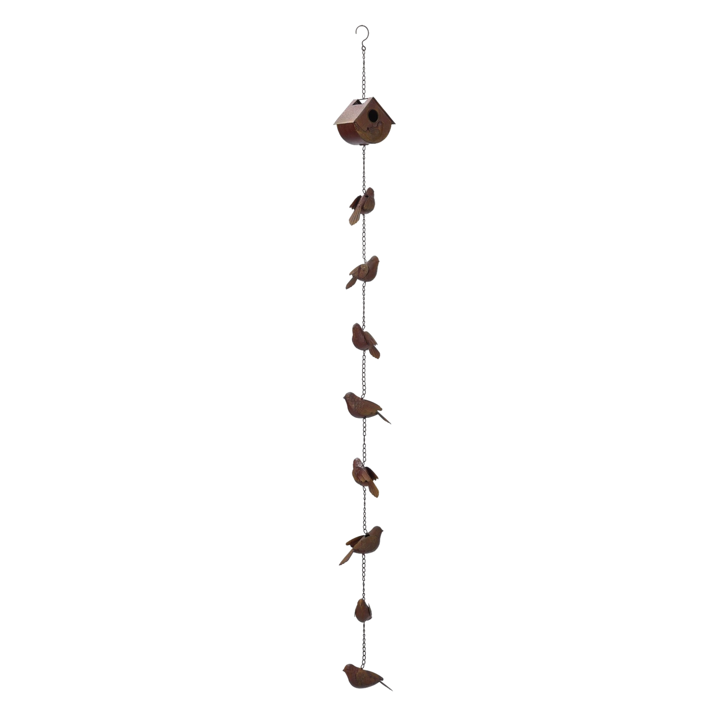 Sparrow rain chain full length on white background showing birdhouse topper and cascading metal sparrow figures on iron chain, 70 inches long
