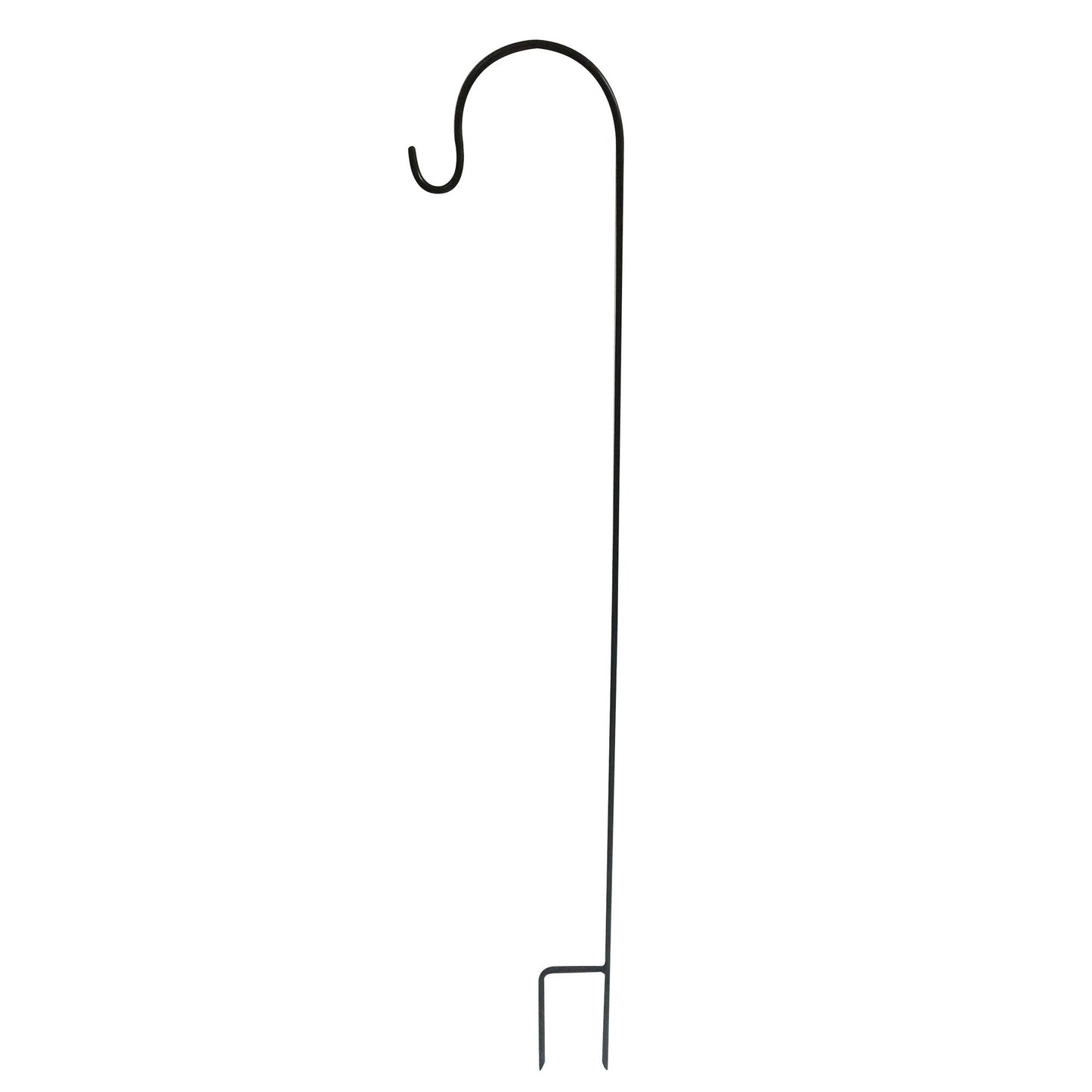 
48-inch black metal garden hook stake with 2-prong base on white background