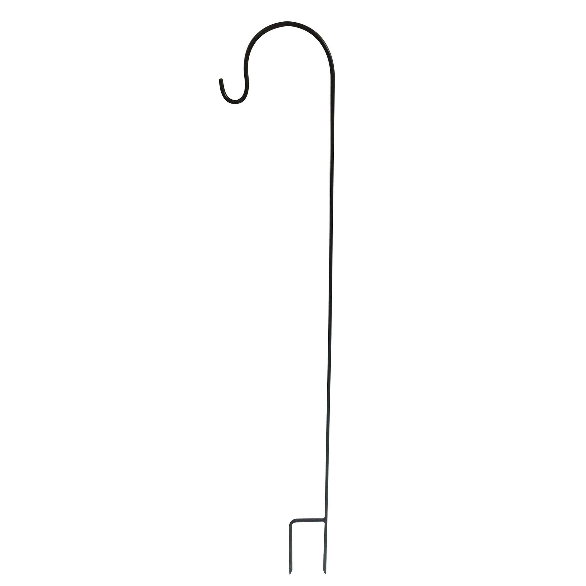 
48-inch black metal garden hook stake with 2-prong base on white background