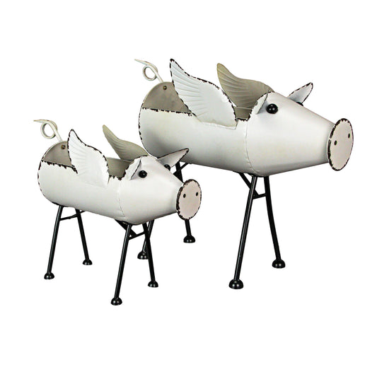 White Galvanized Metal Flying Pig Standing Planters Set of 2