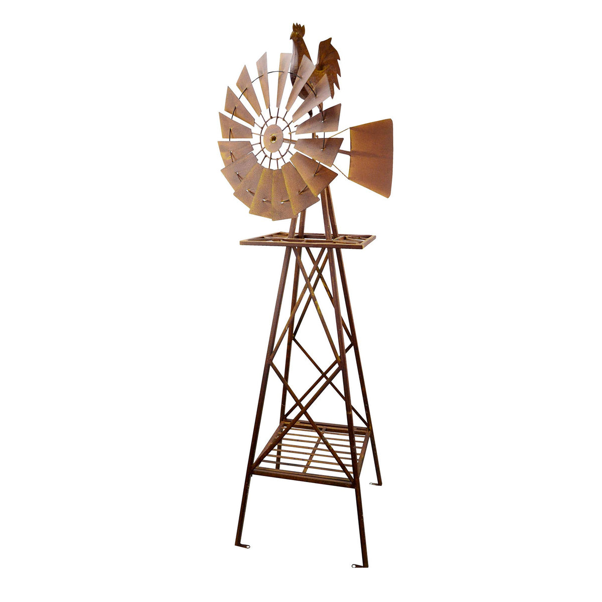 Rustic metal rooster windmill with spinning blades, tail vane, and lower display shelf, 67 inches tall