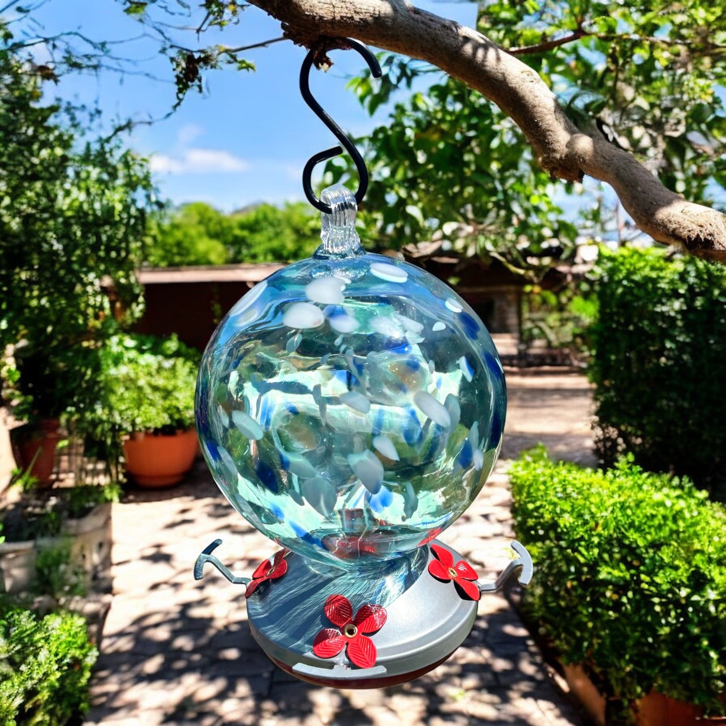 Blown Glass Hummingbird Feeder (Blue)