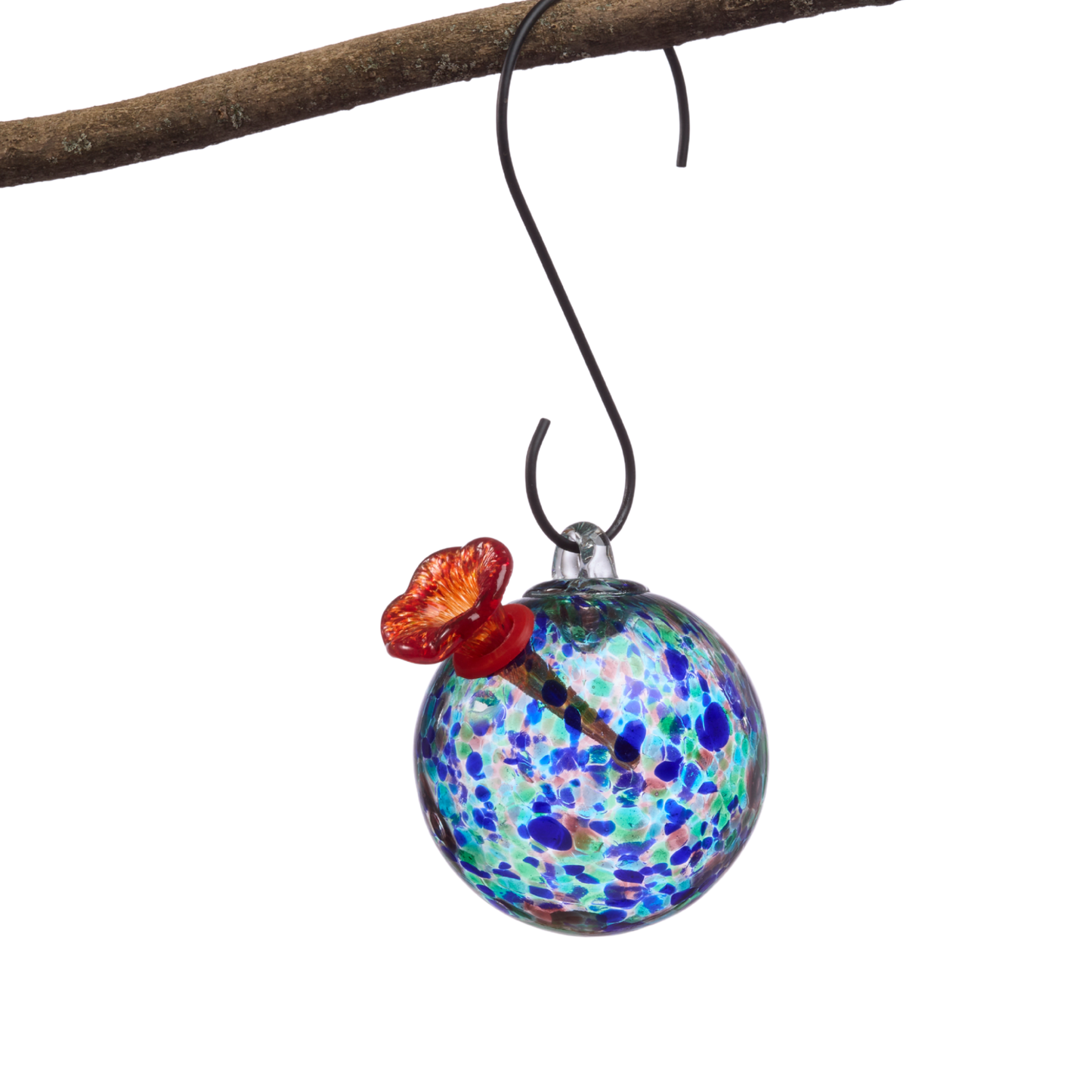 Round turquoise art glass hummingbird feeder with red glass flower port hanging from branch on white background
