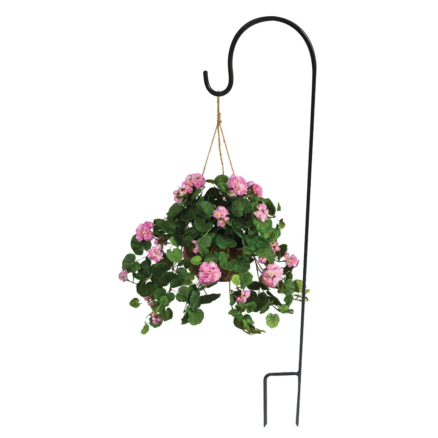 Black metal shepherd's hook garden 
36-inch black metal garden hook stake with 2-prong base on white background