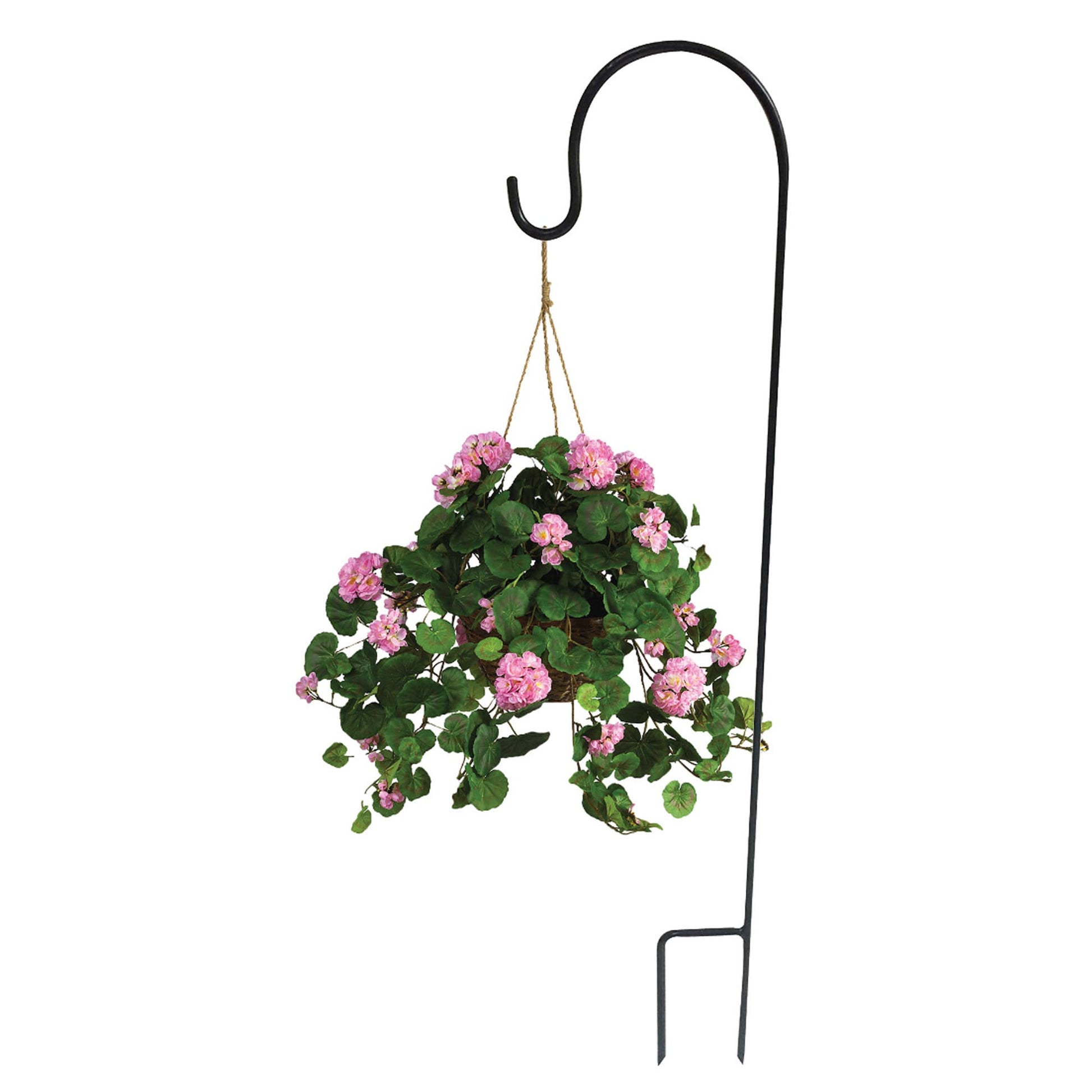 Black metal shepherd's hook garden 
36-inch black metal garden hook stake with 2-prong base on white background