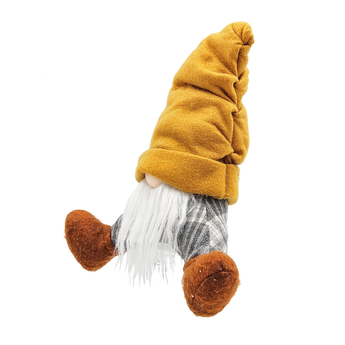 Side view of the mustard-hat gnome showing gathered hat seams, a white beard, plaid legs, and rust-colored boots.