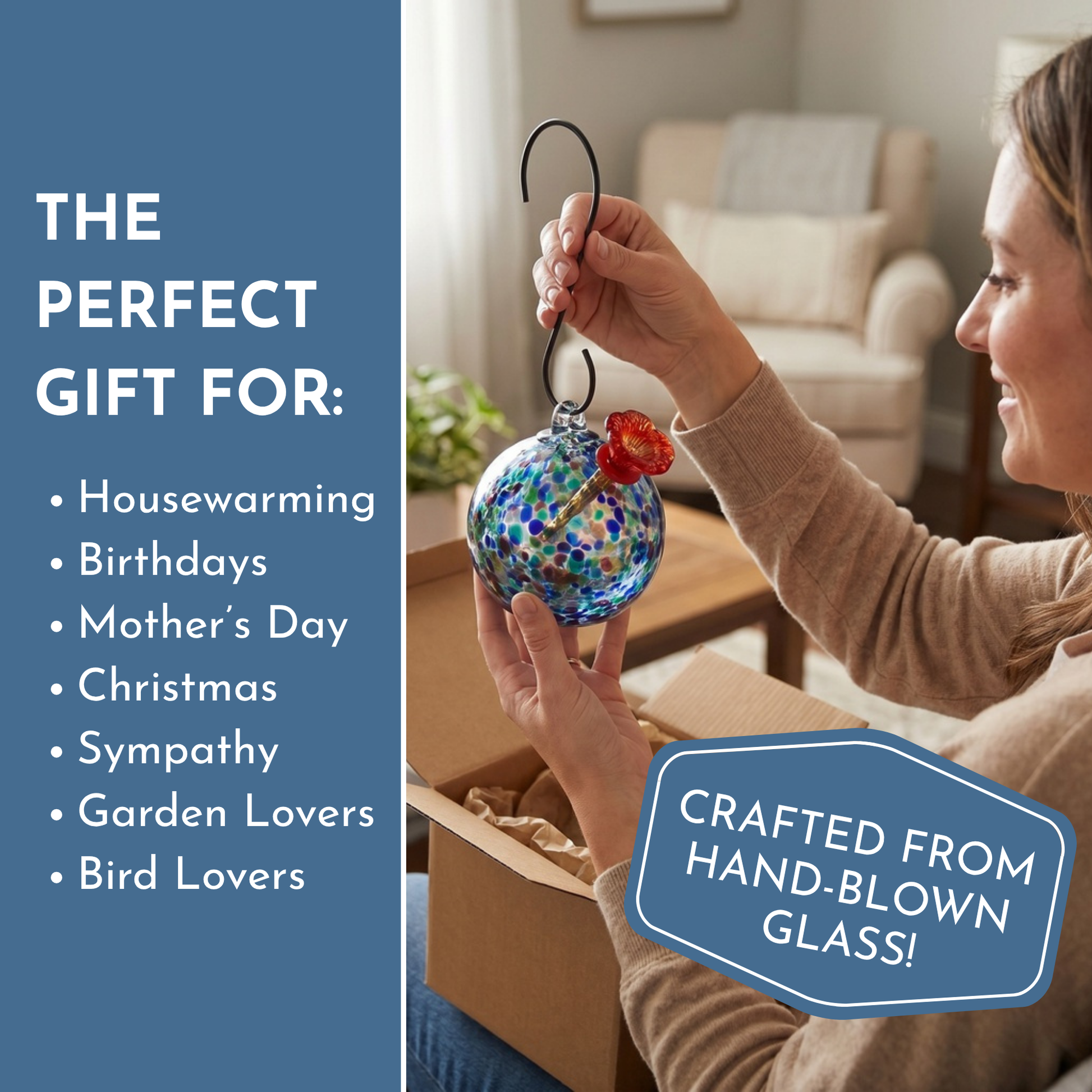 Hand-blown turquoise art glass hummingbird feeder with text highlighting it as a perfect gift for housewarmings, birthdays, and garden lovers