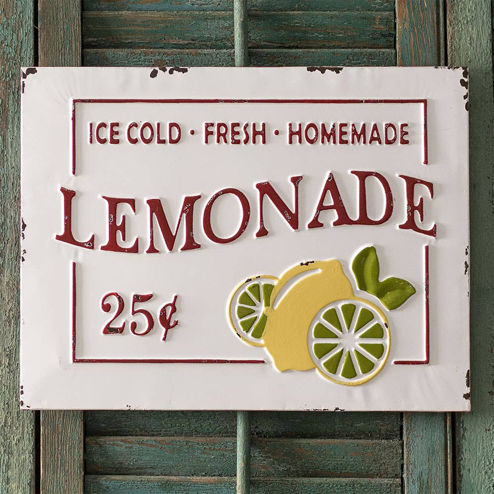 Cream-colored Lemonade metal wall sign with raised red lettering, decorative 25-cent design, and yellow and green citrus accents